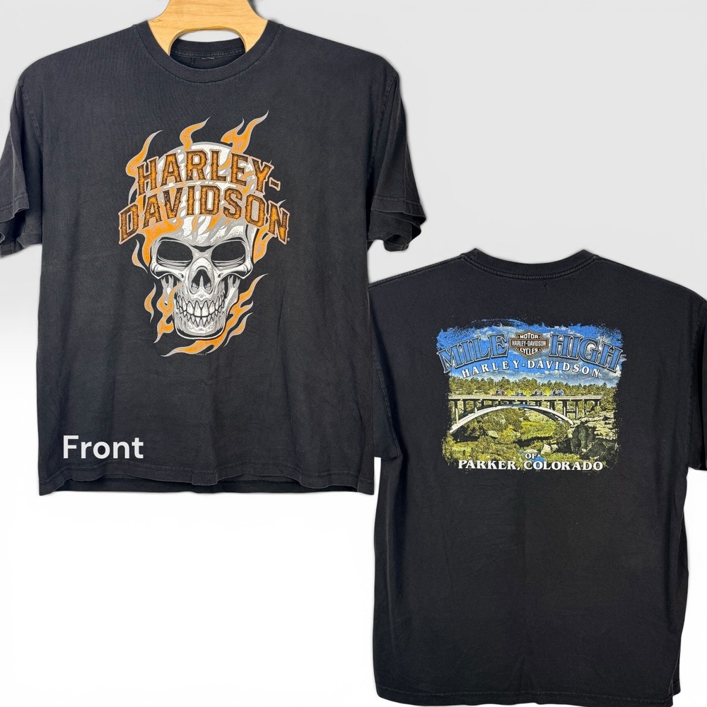 Harley Davidson T-Shirt Men XL Black Skull Flame Graphic Cotton 2003 Vintage Y2K